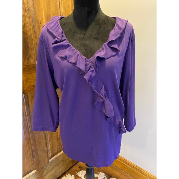 Karen Scott Blouse Womens Top Plus Size 2X Purple Casual Stretch Ruffle Front - Picture 2 of 10